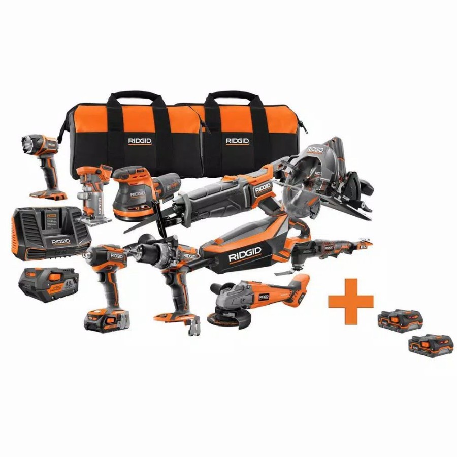 Power Tool Combo Kits * | Power Tool Combo Kits Ridgid 18-Volt Cordless Brushless 10-Piece Combo Kit With Bonus 18-Volt 1.5 Ah Lithium-Ion Battery (2-Pack)