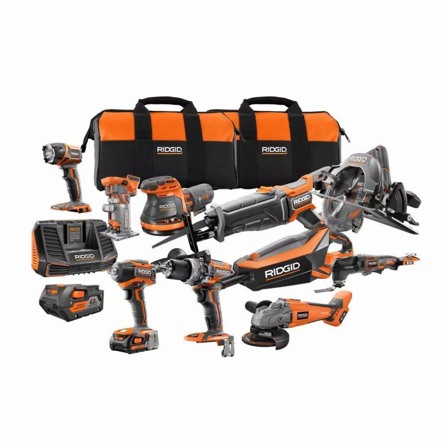 Power Tool Combo Kits * | Power Tool Combo Kits Ridgid 18-Volt Cordless Brushless 10-Piece Combo Kit With Bonus 18-Volt 1.5 Ah Lithium-Ion Battery (2-Pack)