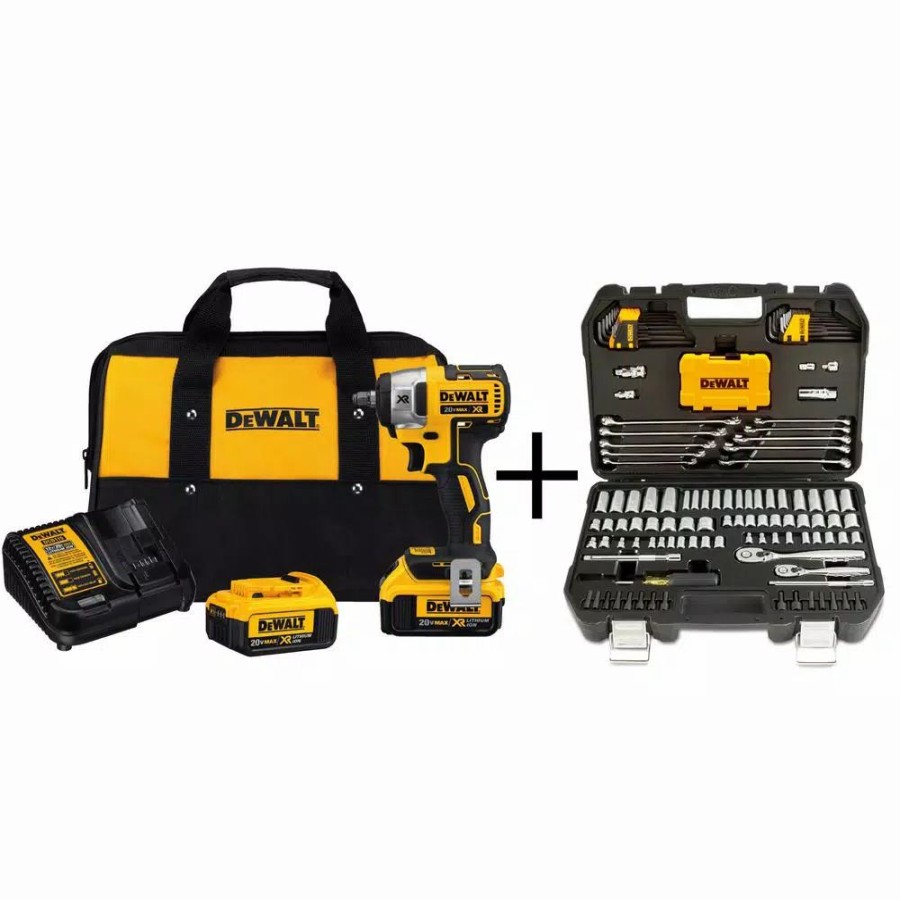 Impact Wrenches * | Impact Wrenches Dewalt 20-Volt Max Xr Cordless Brushless 3/8 In. Compact Impact Wrench, (2) 20-Volt 4.0Ah Batteries & Mech Tool Set (142-Piece)