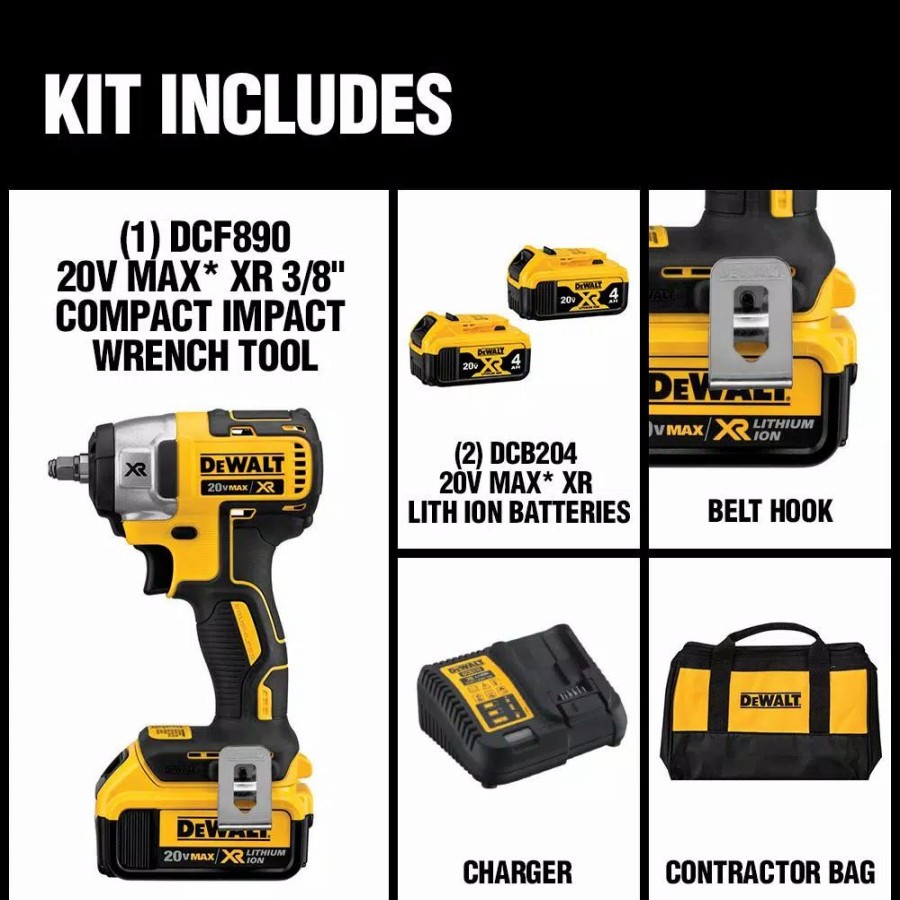 Impact Wrenches * | Impact Wrenches Dewalt 20-Volt Max Xr Cordless Brushless 3/8 In. Compact Impact Wrench, (2) 20-Volt 4.0Ah Batteries & Mech Tool Set (142-Piece)