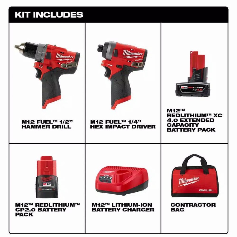 Power Tool Combo Kits * | Power Tool Combo Kits Milwaukee M12 Fuel 12-Volt Lithium-Ion Brushless Cordless Hammer Drill And Impact Driver Combo Kit With 2 Batteries & Bag (2-Tool)