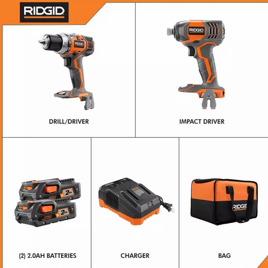 Power Tool Combo Kits * | Power Tool Combo Kits Ridgid 18-Volt Lithium-Ion Cordless Drill/Driver And Impact Driver 2-Tool Combo Kit With (2) 2.0 Ah Batteries, Charger, And Bag