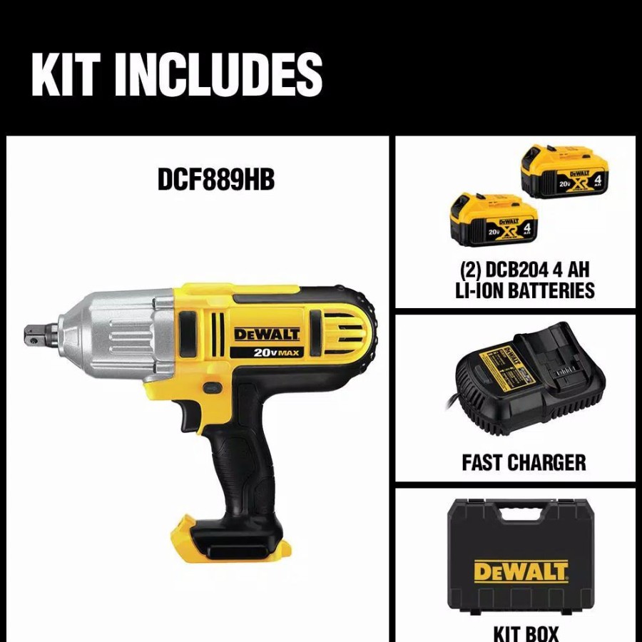 Impact Wrenches * | Impact Wrenches Dewalt 20-Volt Max Cordless 1/2 In. High Torque Impact Wrench With Hog Ring & (2) 20-Volt 4.0Ah Batteries