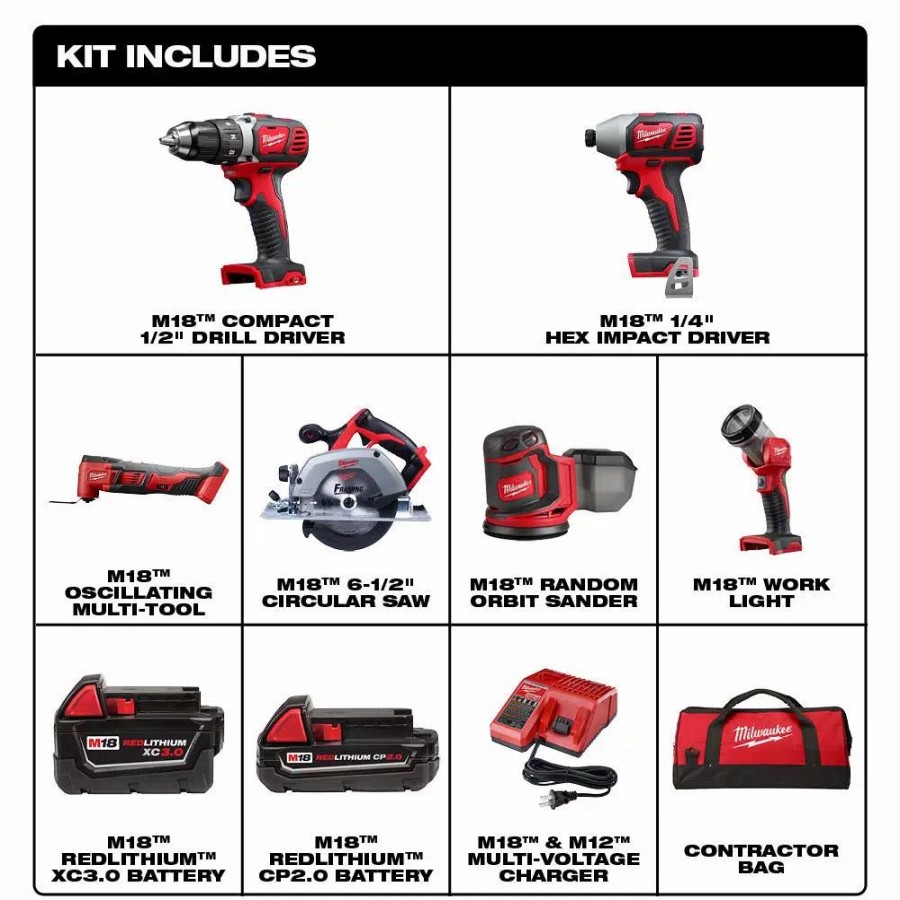 Power Tool Combo Kits * | Power Tool Combo Kits Milwaukee M18 18-Volt Lithium-Ion Cordless Combo Kit (6-Tool) With 2 M18 Batteries, 1 Charger, 1 Tool Bag