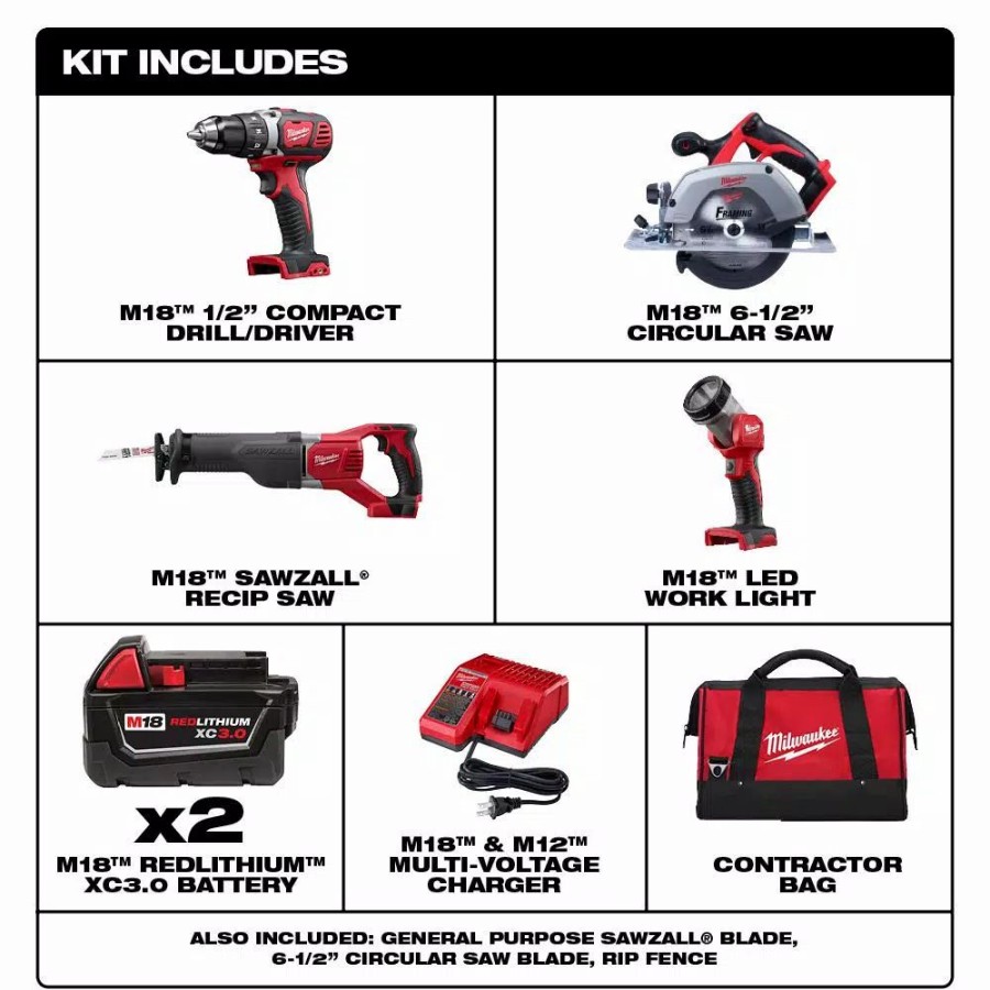 Power Tool Combo Kits * | Power Tool Combo Kits Milwaukee M18 18-Volt Lithium-Ion Cordless Combo Tool Kit (4-Tool) With (2) 3.0 Ah Batteries, (1) Charger, (1) Tool Bag