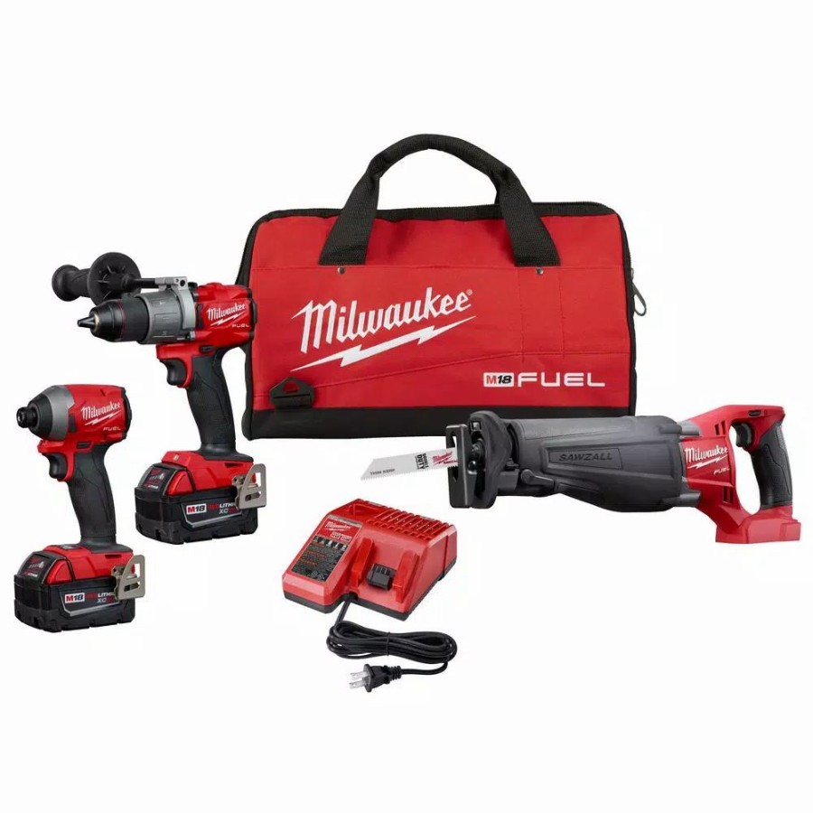 Power Tool Combo Kits * | Power Tool Combo Kits Milwaukee M18 Fuel 18-Volt Lithium-Ion Brushless Cordless Combo Kit (3-Tool) W/(2) 5Ah Batteries, Charger And Tool Bag