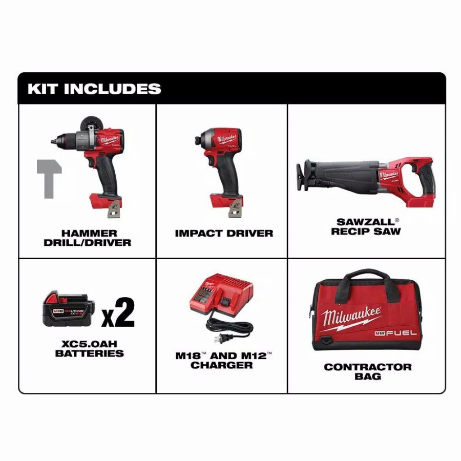 Power Tool Combo Kits * | Power Tool Combo Kits Milwaukee M18 Fuel 18-Volt Lithium-Ion Brushless Cordless Combo Kit (3-Tool) W/(2) 5Ah Batteries, Charger And Tool Bag