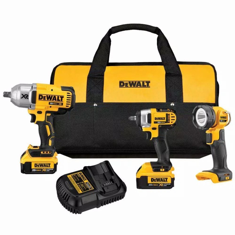 Power Tool Combo Kits * | Power Tool Combo Kits Dewalt 20-Volt Max Cordless Impact Wrench, Impact Driver & Light Combo Kit (3-Tool) With (2) 20-Volt 4.0Ah Batteries & Charger