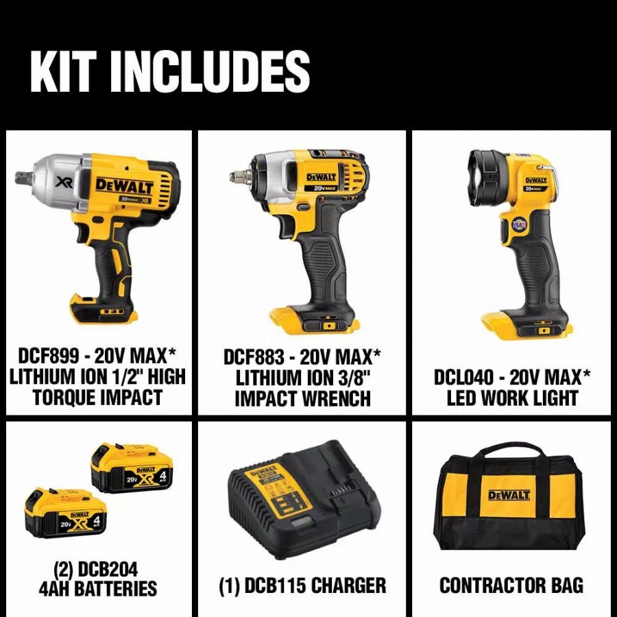 Power Tool Combo Kits * | Power Tool Combo Kits Dewalt 20-Volt Max Cordless Impact Wrench, Impact Driver & Light Combo Kit (3-Tool) With (2) 20-Volt 4.0Ah Batteries & Charger