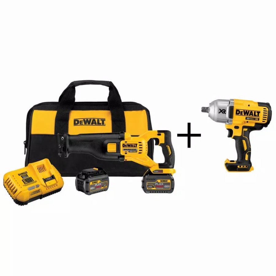 Power Tool Combo Kits * | Power Tool Combo Kits Dewalt Flexvolt 60-Volt Max Lithium-Ion Cordless Brushless Reciprocating Saw With (2) Batteries And Bonus 3/4 In. Impact Wrench