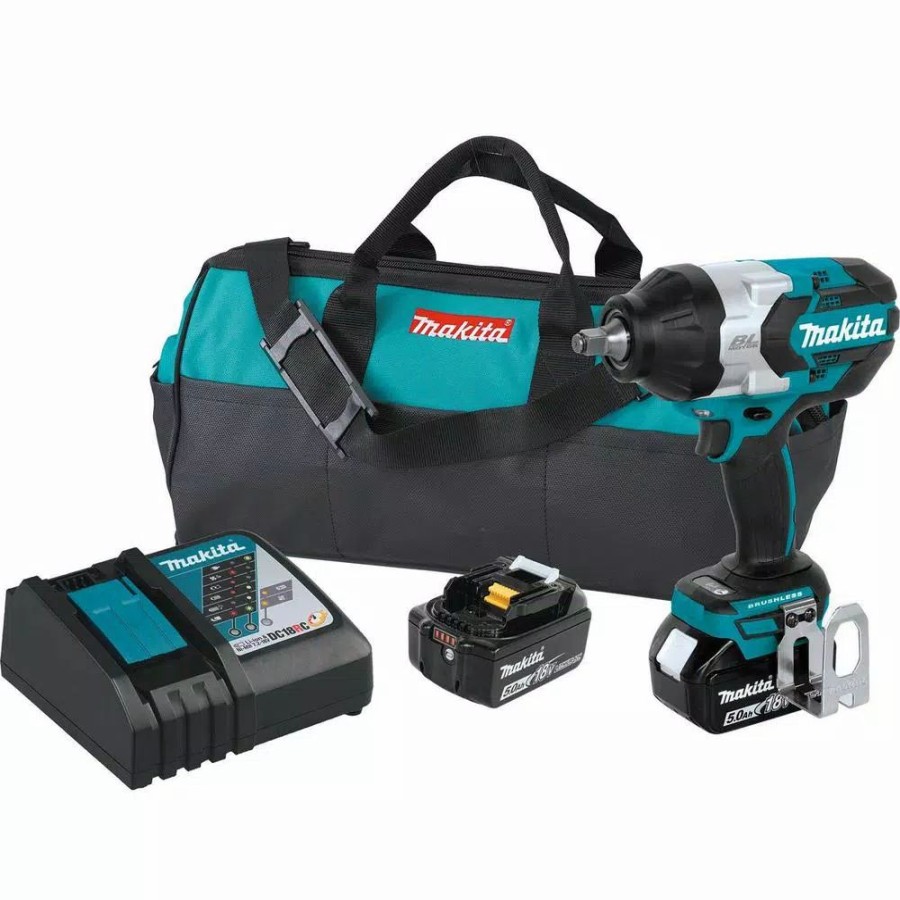 Impact Wrenches * | Impact Wrenches Makita 18-Volt Lxt Lithium-Ion Brushless Cordless High Torque 1/2 In. Square Drive Impact Wrench W/ (2) Batteries 5.0Ah, Bag