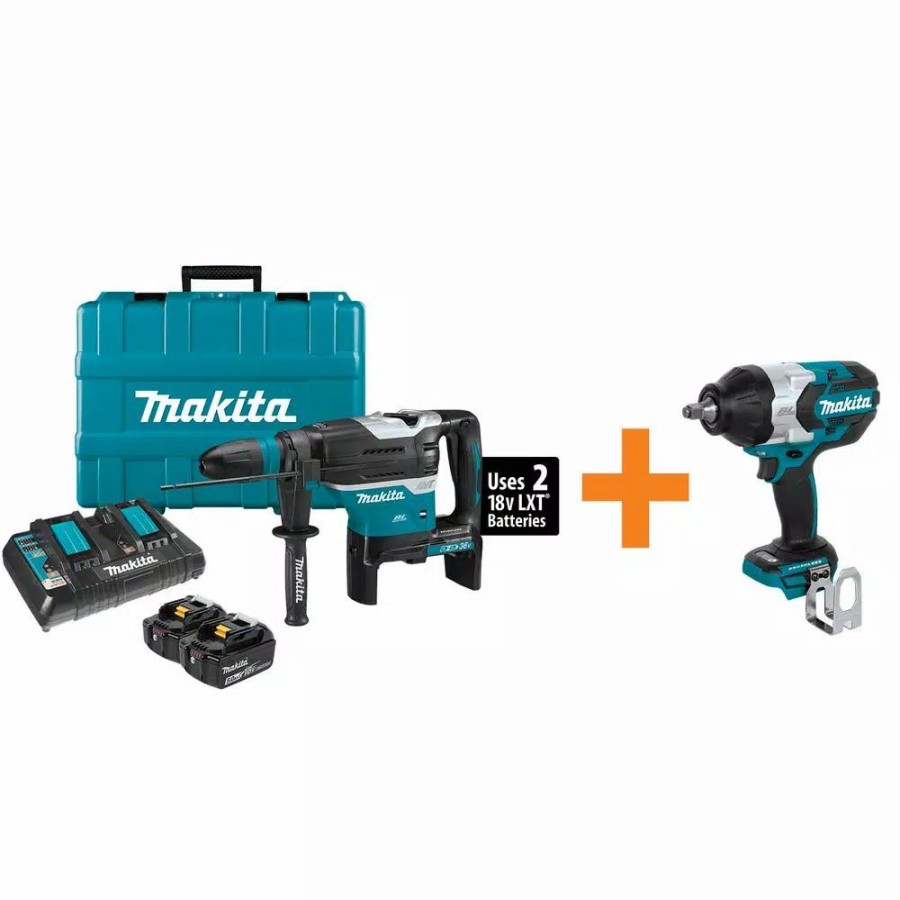 Power Tool Combo Kits * | Power Tool Combo Kits Makita 18-Volt X2 Lxt (36-Volt) Cordless 1-9/16 In. Rotary Hammer Kit Sds-Max Bits Bonus 1/2 In. 3-Speed Drive Impact Wrench