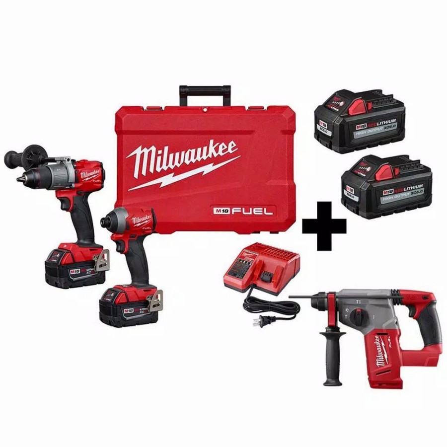 Power Tool Combo Kits * | Power Tool Combo Kits Milwaukee M18 Fuel 18-Volt Lithium-Ion Brushless Cordless Hammer Drill Driver/Sds Rotary Hammer/ Impact Driver With 4-Batteries