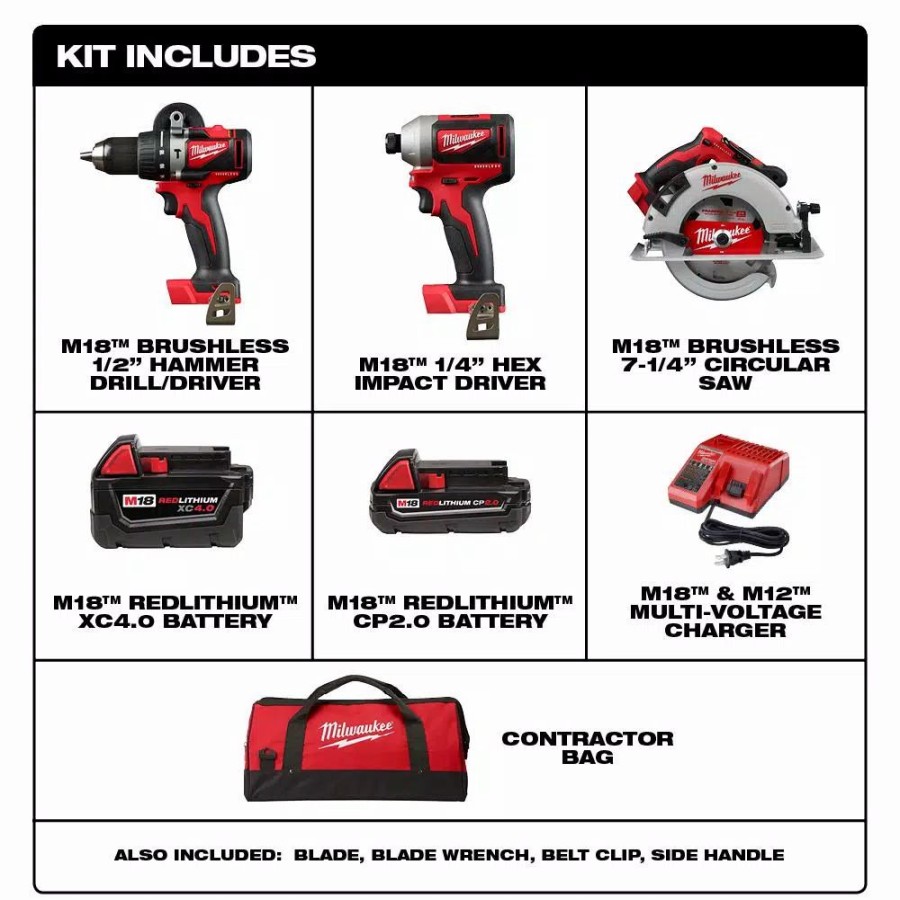 Power Tool Combo Kits * | Power Tool Combo Kits Milwaukee M18 18-Volt Lithium-Ion Brushless Cordless Hammer Drill/Impact/Circular Saw Combo Kit (3-Tool) With 2-Batteries