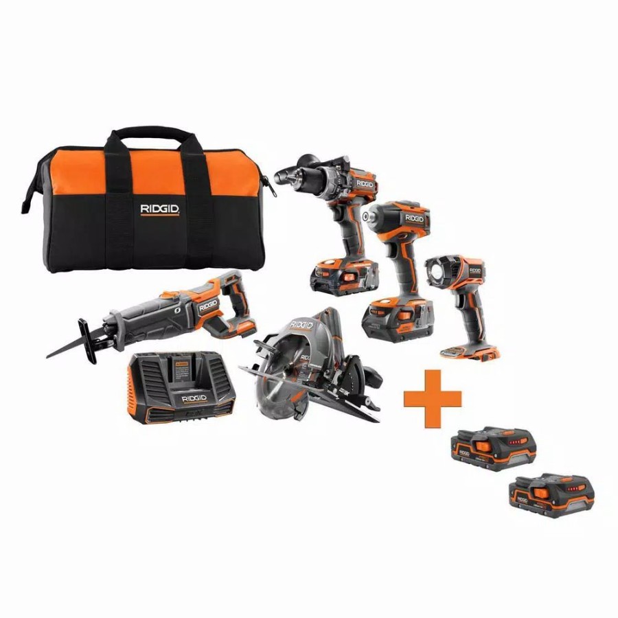 Power Tool Combo Kits * | Power Tool Combo Kits Ridgid 18-Volt Lithium-Ion Brushless 5-Tool Combo Kit With Bonus 1.5 Ah Battery (2-Pack)