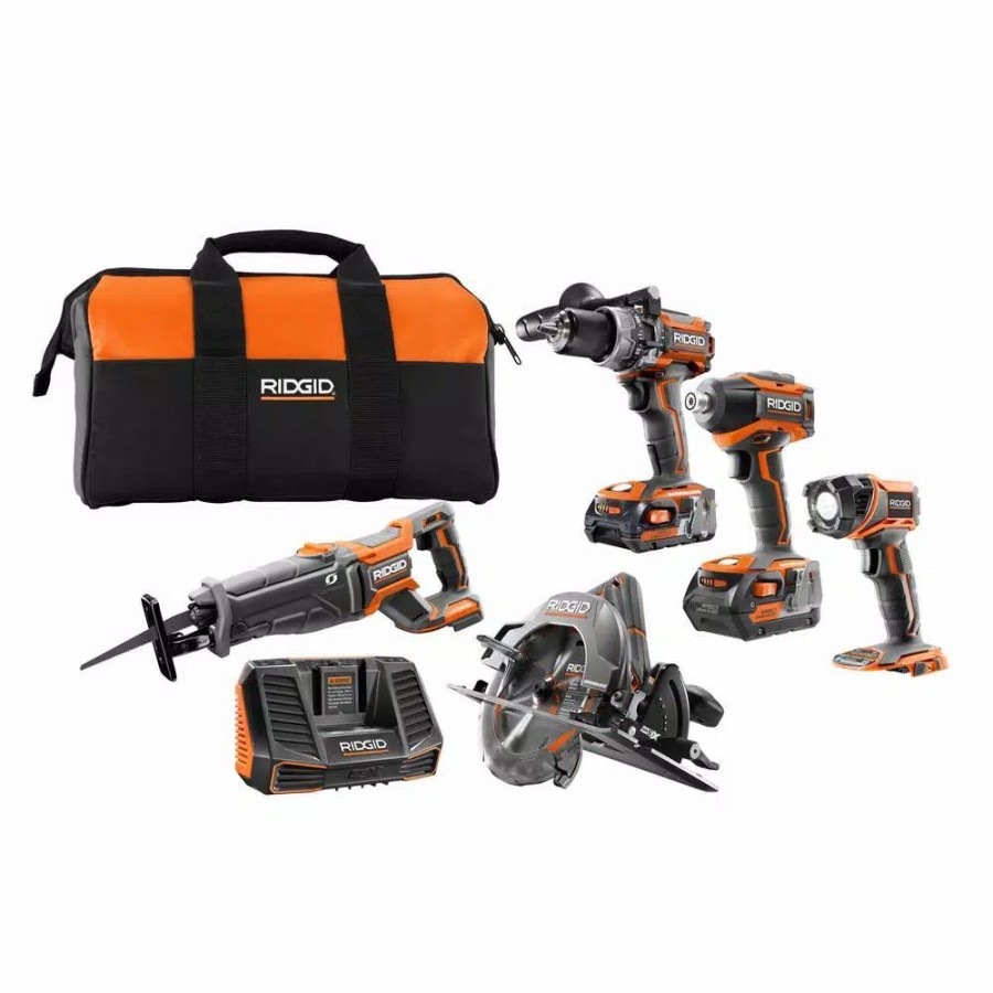 Power Tool Combo Kits * | Power Tool Combo Kits Ridgid 18-Volt Lithium-Ion Brushless 5-Tool Combo Kit With Bonus 1.5 Ah Battery (2-Pack)