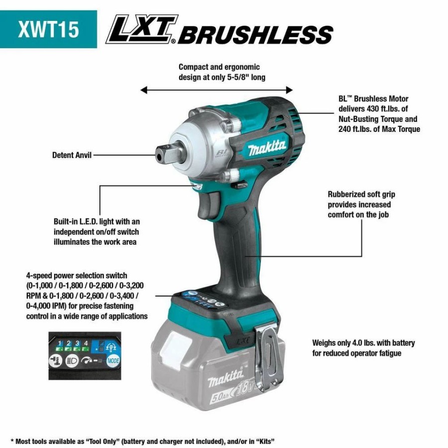 Impact Wrenches * | Impact Wrenches Makita 18-Volt Lxt Lithium-Ion Brushless Cordless 4-Speed 1/2 In. Impact Wrench With Detent Anvil (Tool-Only)