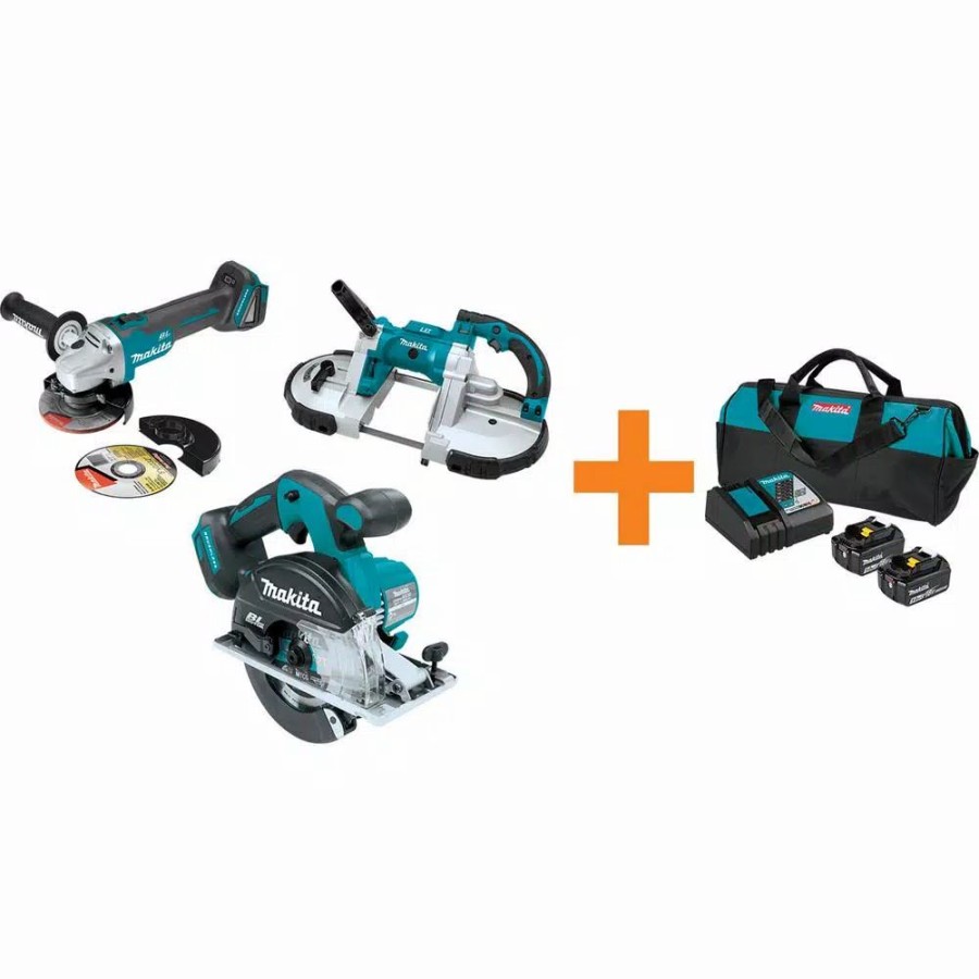 Power Tool Combo Kits * | Power Tool Combo Kits Makita 18-Volt Lxt Brushless Cut-Off/Angle Grinder, Metal Cutting Saw And Portable Band Saw With Bonus 18V Lxt Starter Pack