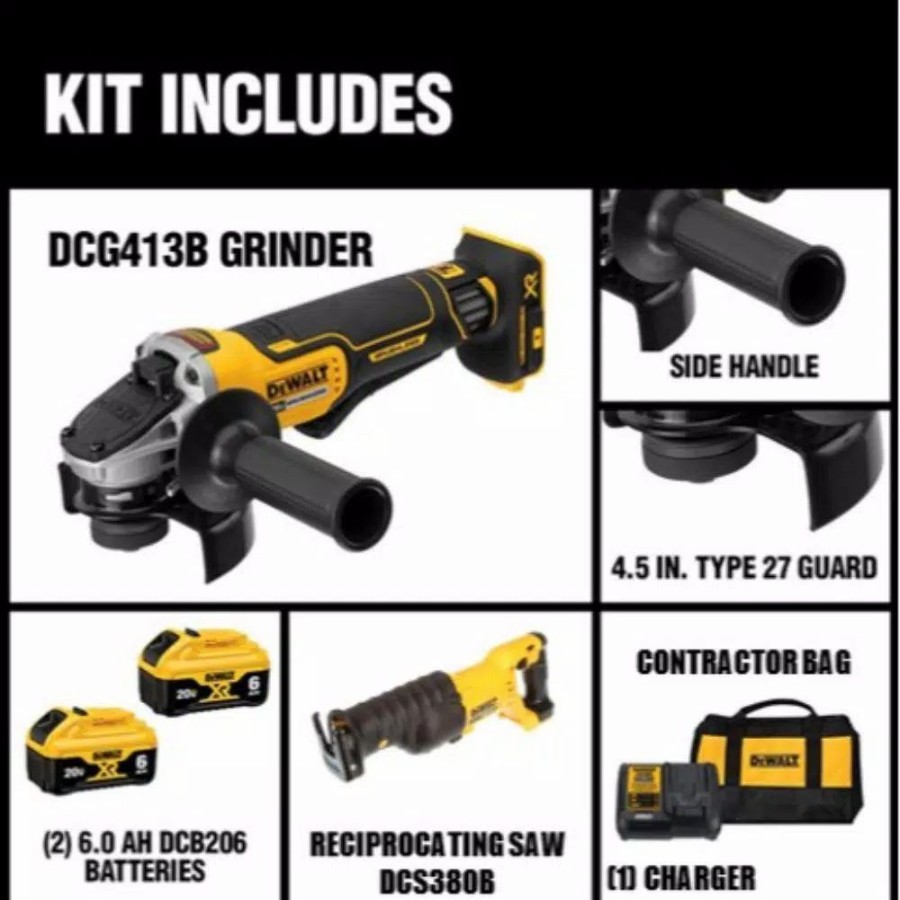 Power Tool Combo Kits * | Power Tool Combo Kits Dewalt 20-Volt Max Xr Cordless Brushless 4-1/2 In. Small Angle Grinder, (2) 20-Volt 6.0Ah Batteries & Reciprocating Saw