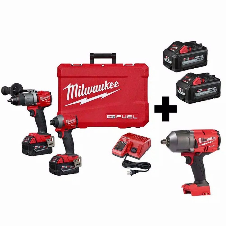 Power Tool Combo Kits * | Power Tool Combo Kits Milwaukee M18 Fuel 18-Volt Lithium-Ion Brushless Cordless Hammer Drill Driver/Impact Driver/Impact Wrench Kit With 4-Batteries