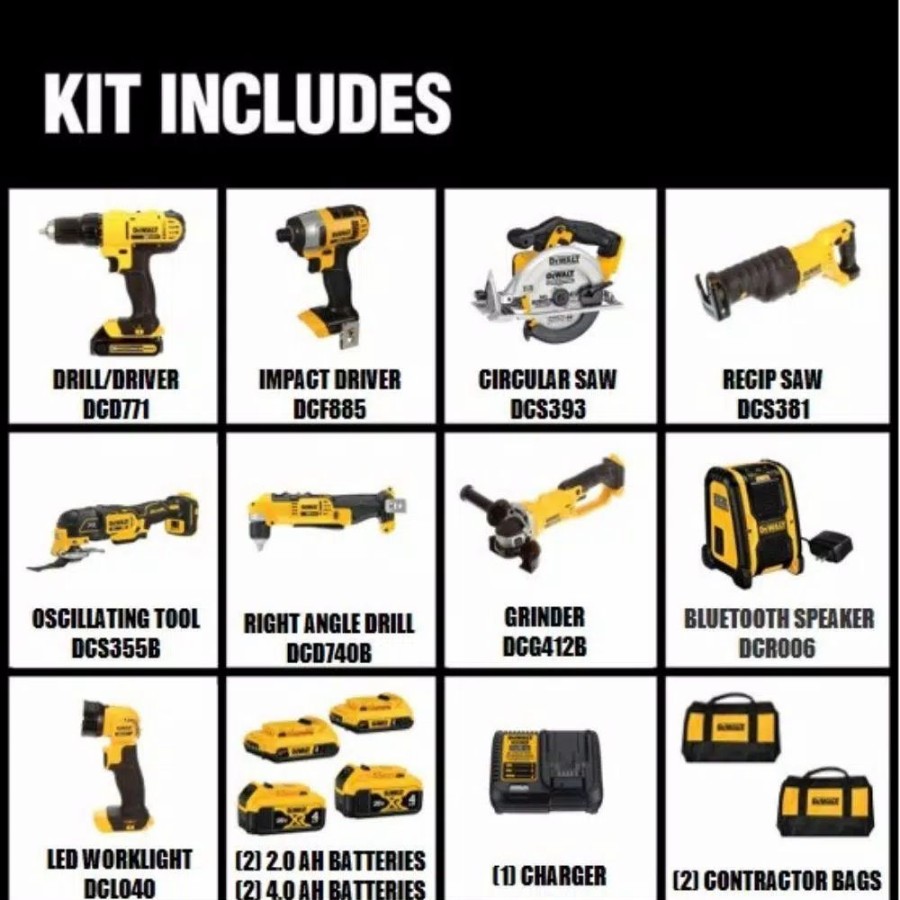 Power Tool Combo Kits * | Power Tool Combo Kits Dewalt 20-Volt Max Cordless Combo Kit (9-Tool) With (2) 20-Volt 2.0Ah Batteries & (2) 20-Volt 4.0Ah Batteries