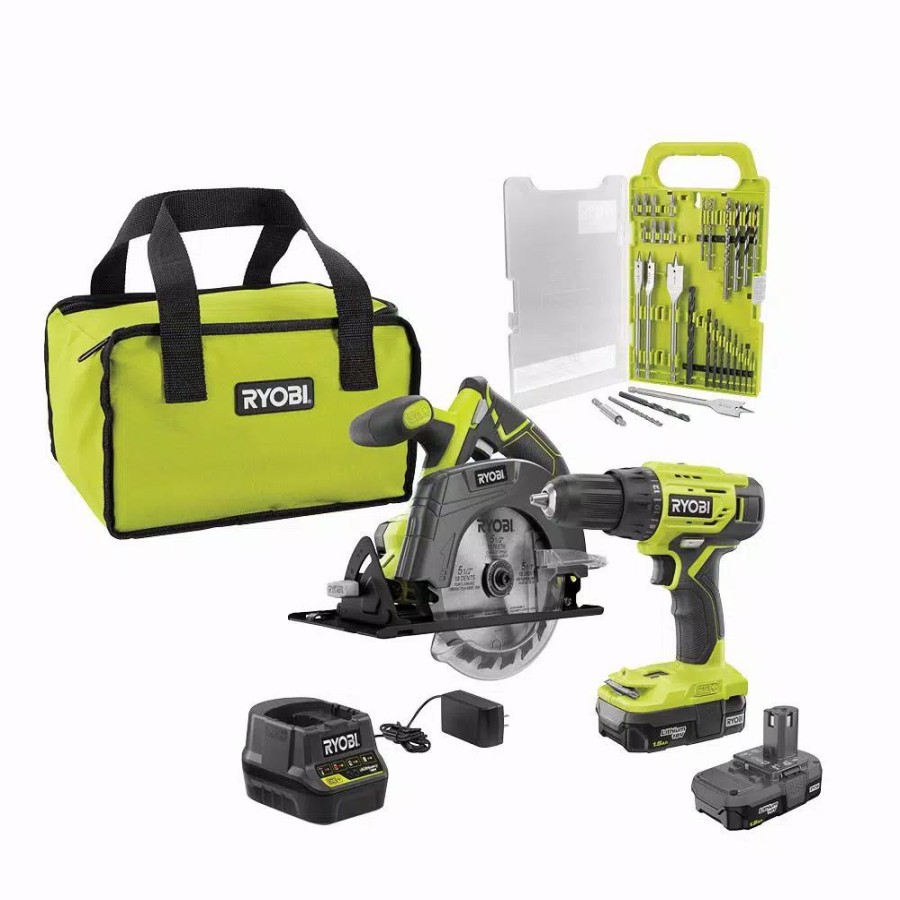 Power Tool Combo Kits * | Power Tool Combo Kits Ryobi 18-Volt One+ Cordless 2-Tool Combo Kit W/ Drill/Driver, Circular Saw W/ Bonus Black Oxide Drill & Drive Kit (31-Piece)