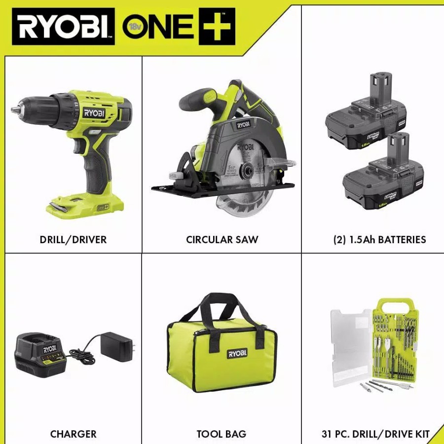 Power Tool Combo Kits * | Power Tool Combo Kits Ryobi 18-Volt One+ Cordless 2-Tool Combo Kit W/ Drill/Driver, Circular Saw W/ Bonus Black Oxide Drill & Drive Kit (31-Piece)