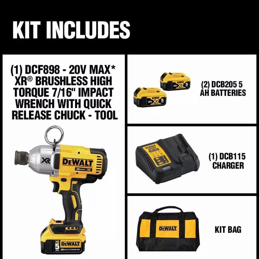 Impact Wrenches * | Impact Wrenches Dewalt 20-Volt Max Xr Cordless Brushless 7/16 In. High Torque Impact Wrench Quick Release Chuck & (2) 20-Volt 5.0Ah Batteries