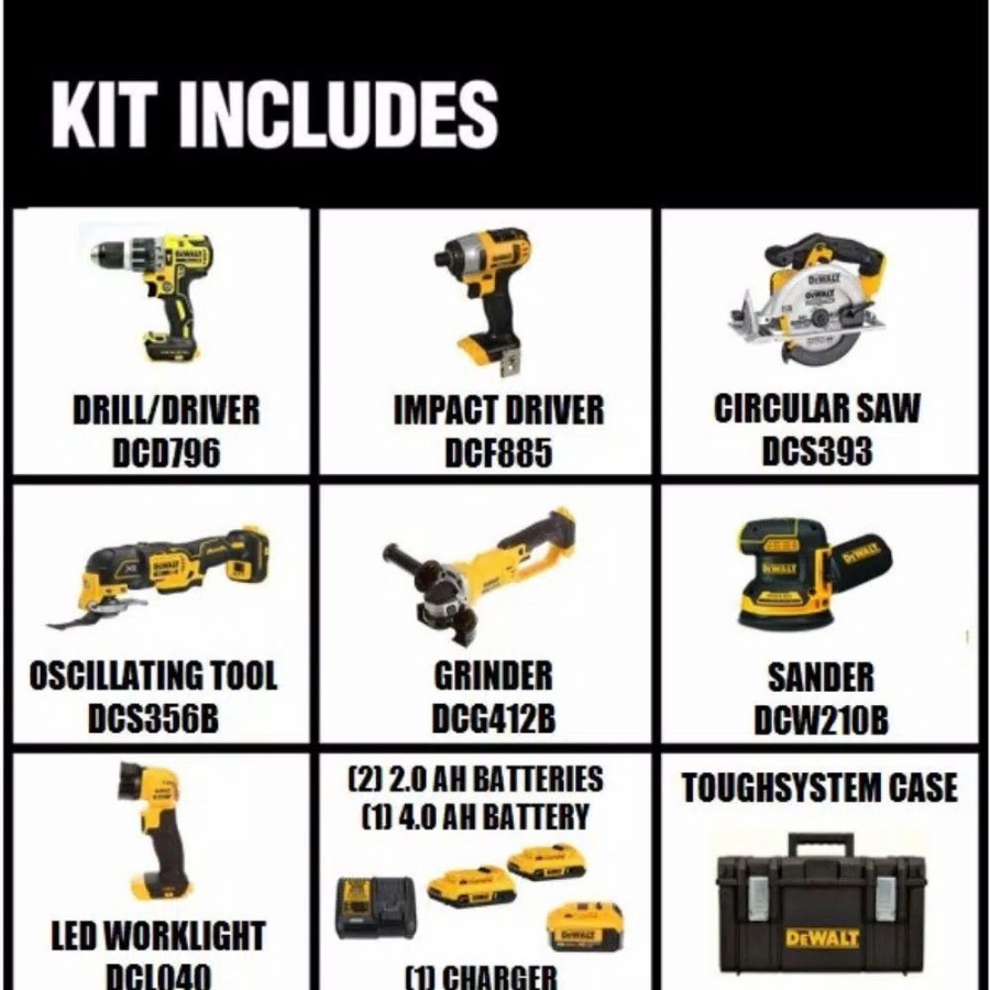 Power Tool Combo Kits * | Power Tool Combo Kits Dewalt 20-Volt Max Cordless Combo Kit (7-Tool) With Toughsystem Case, (1) 20-Volt 4.0Ah Battery & (2) 20-Volt 2.0Ah Batteries