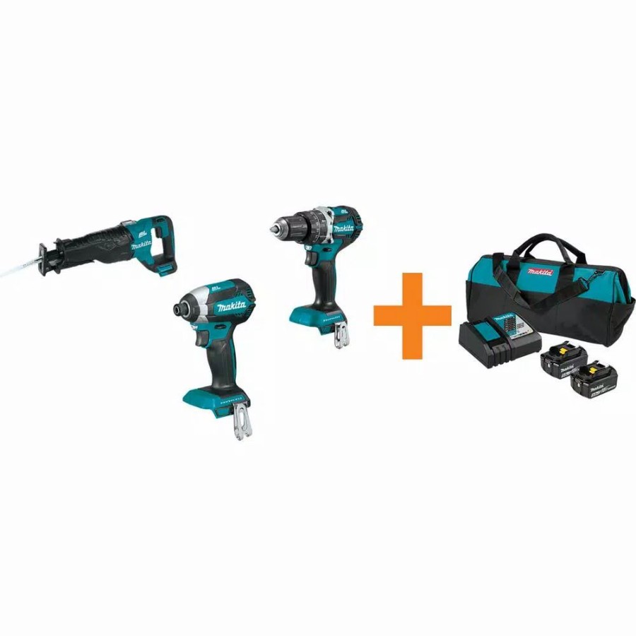 Power Tool Combo Kits * | Power Tool Combo Kits Makita 18V Lxt Brushless 1/4 In. Impact Driver, 1/2 In. Hammer Driver-Drill And Recipro Saw With Bonus 18V Lxt Starter Pack