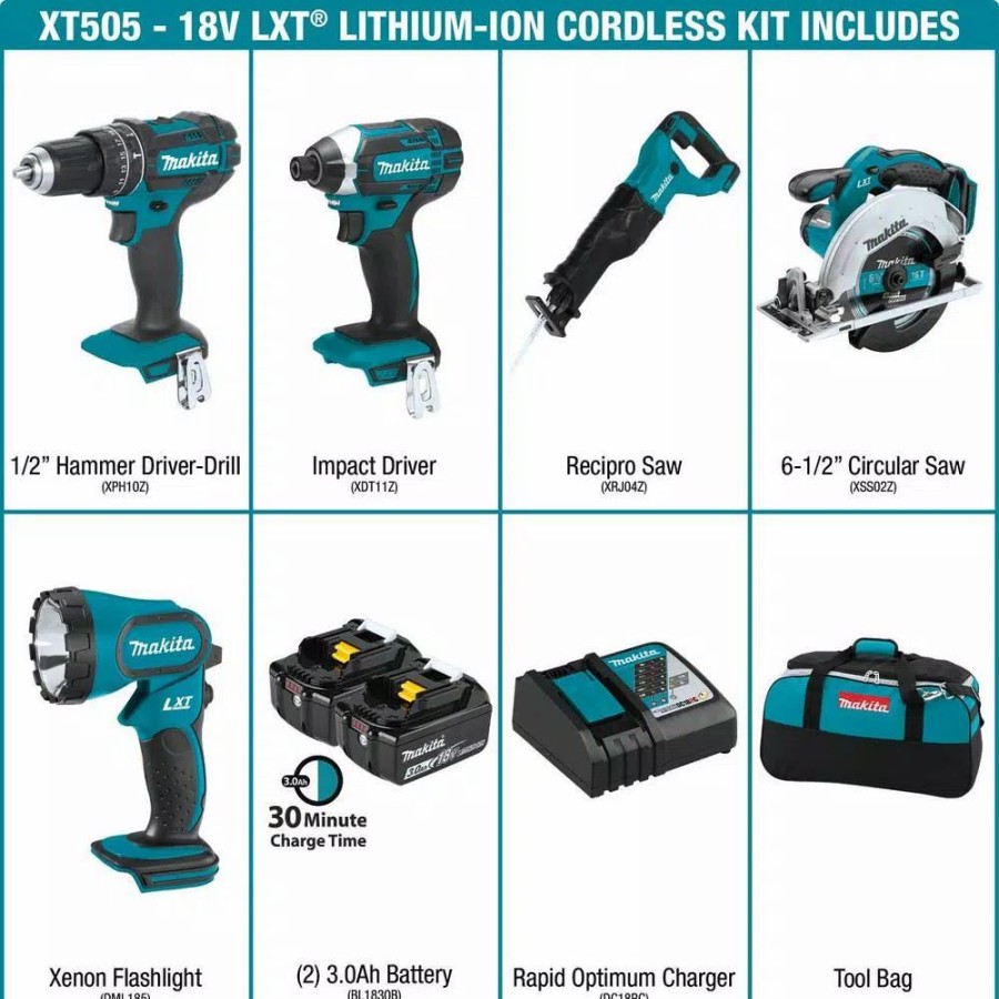 Power Tool Combo Kits * | Power Tool Combo Kits Makita 18-Volt Lxt Lithium-Ion Cordless Combo Kit (5-Tool) With (2) 3.0 Ah Batteries, Rapid Charger And Tool Bag