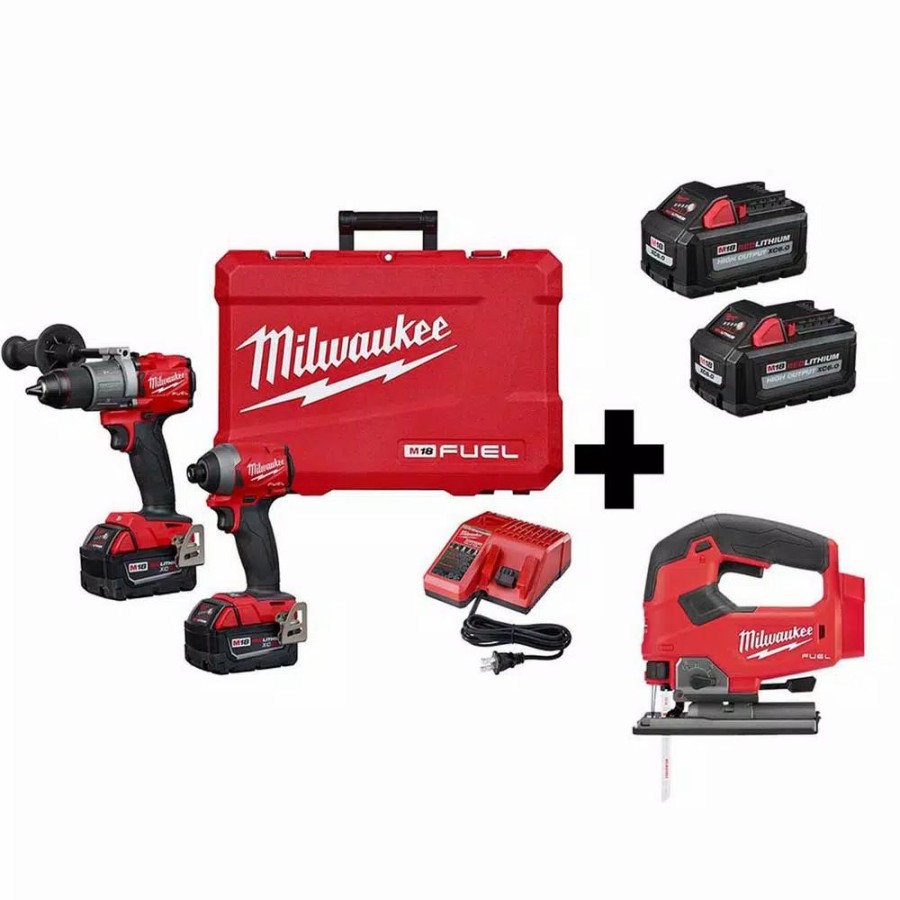 Power Tool Combo Kits * | Power Tool Combo Kits Milwaukee M18 Fuel 18-Volt Lithium-Ion Brushless Cordless Hammer Drill/Jig Saw/Impact Driver (3-Tool Kit) With 4-Batteries