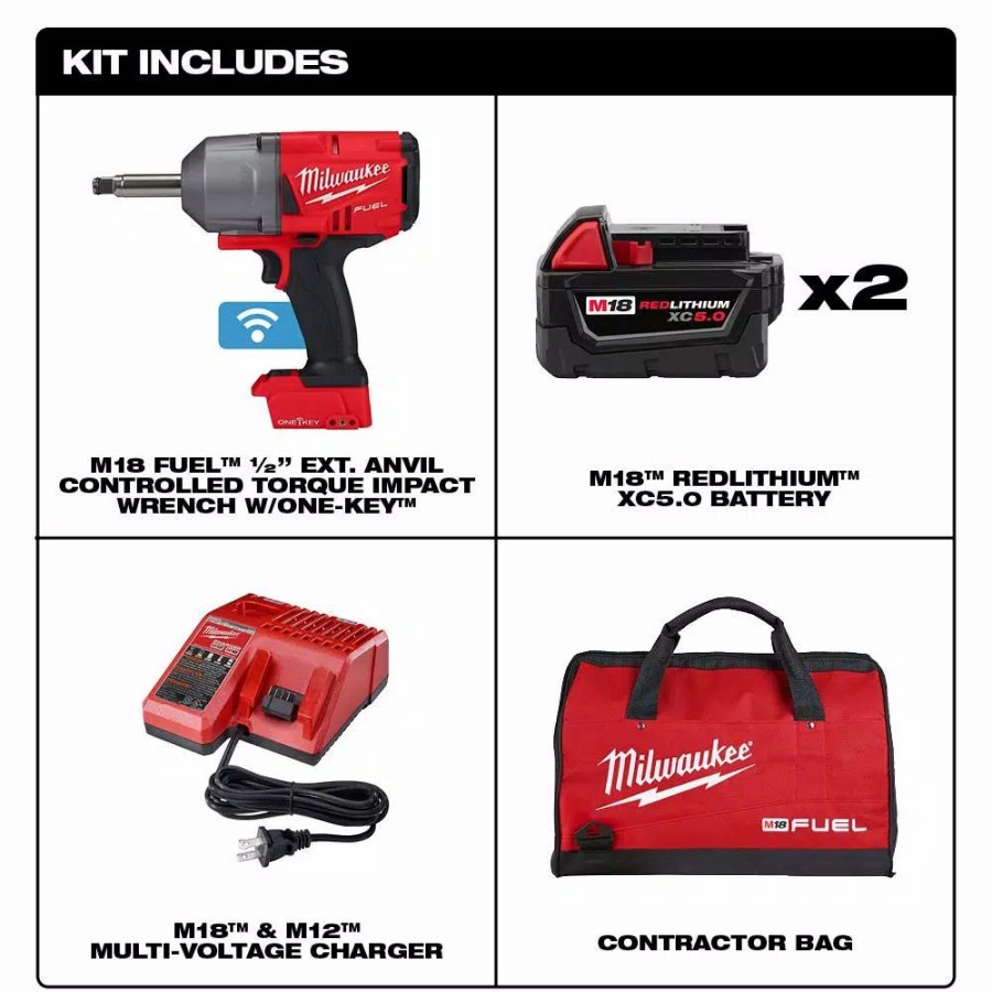 Impact Wrenches * | Impact Wrenches Milwaukee M18 One-Key Fuel 18-Volt Lithium-Ion Brushless Cordless 1/2 In. Impact Wrench With Extended Anvil Kit With 2 Batteries