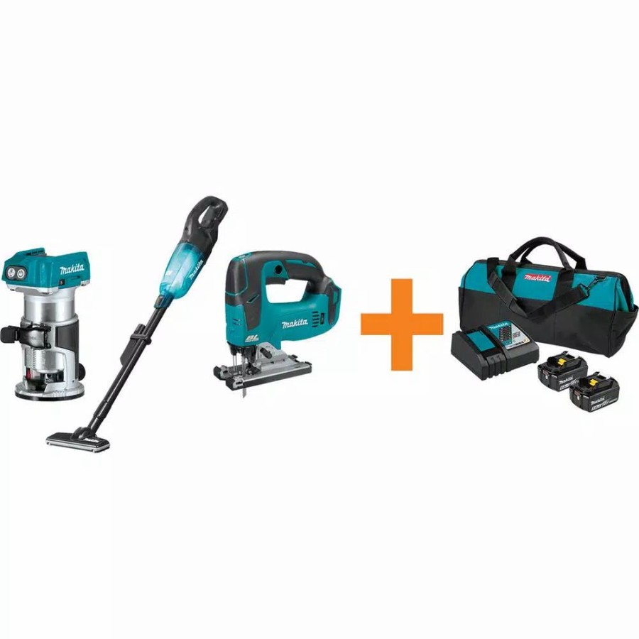 Power Tool Combo Kits * | Power Tool Combo Kits Makita 18V Lxt Brushless Compact Router, 18V X2 (36V) 6-1/2 In. Plunge Circ Saw And 2 Gal. Vacuum With Bonus 18V Starter Pack