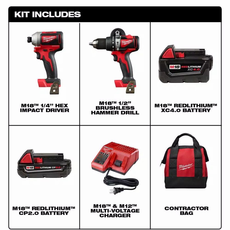 Power Tool Combo Kits * | Power Tool Combo Kits Milwaukee M18 18-Volt Lithium-Ion Brushless Cordless Hammer Drill/Impact Combo Kit (2-Tool) With 2 Batteries, Charger And Bag