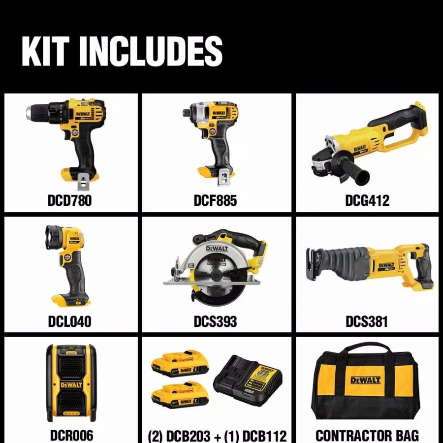 Power Tool Combo Kits * | Power Tool Combo Kits Dewalt 20-Volt Max Cordless Combo Kit (7-Tool) With (2) 20-Volt 2.0Ah Batteries & Charger