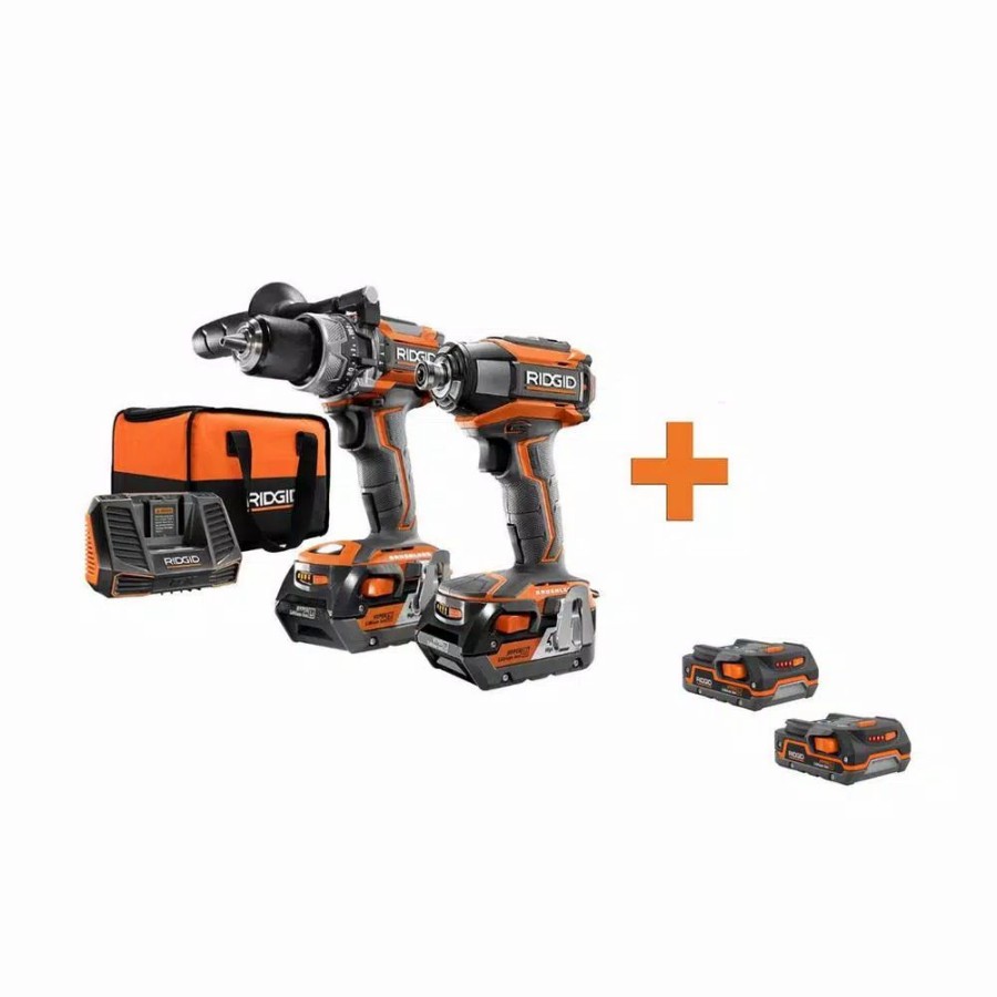 Power Tool Combo Kits * | Power Tool Combo Kits Ridgid 18-Volt Cordless Brushless Hammer Drill & Impact Driver Kit With Bonus 18-Volt 1.5 Ah Lithium-Ion Battery (2-Pack)