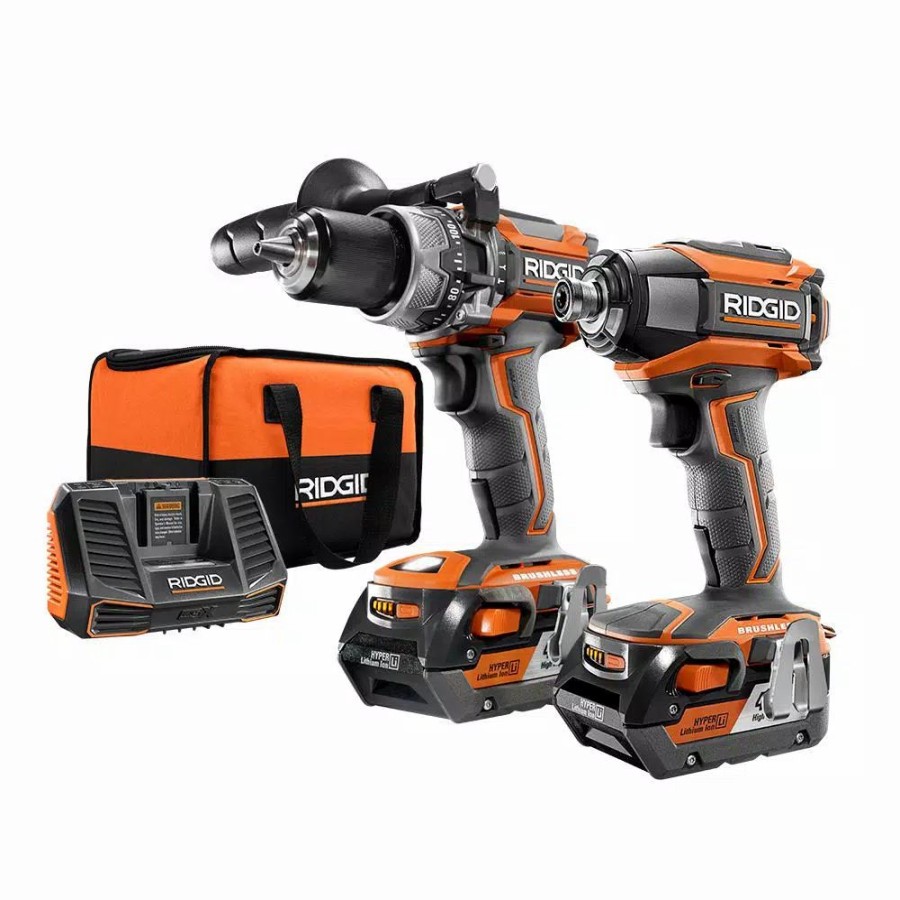 Power Tool Combo Kits * | Power Tool Combo Kits Ridgid 18-Volt Cordless Brushless Hammer Drill & Impact Driver Kit With Bonus 18-Volt 1.5 Ah Lithium-Ion Battery (2-Pack)