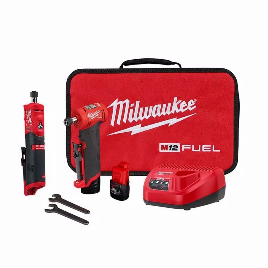 Power Tool Combo Kits * | Power Tool Combo Kits Milwaukee M12 Fuel 12-Volt Lithium-Ion Brushless Cordless 1/4 In. Right Angle & Straight Die Grinder Kit With (2) 2.0Ah Batteries