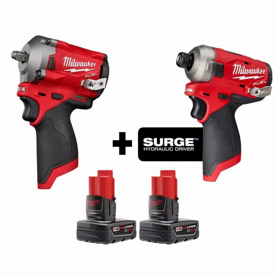 Impact Wrenches * | Impact Wrenches Milwaukee M12 Fuel 12-Volt Lithium-Ion Brushless Cordless Stubby 3/8 In. Impact Wrench And Impact Driver W/Two 3.0 Ah Batteries