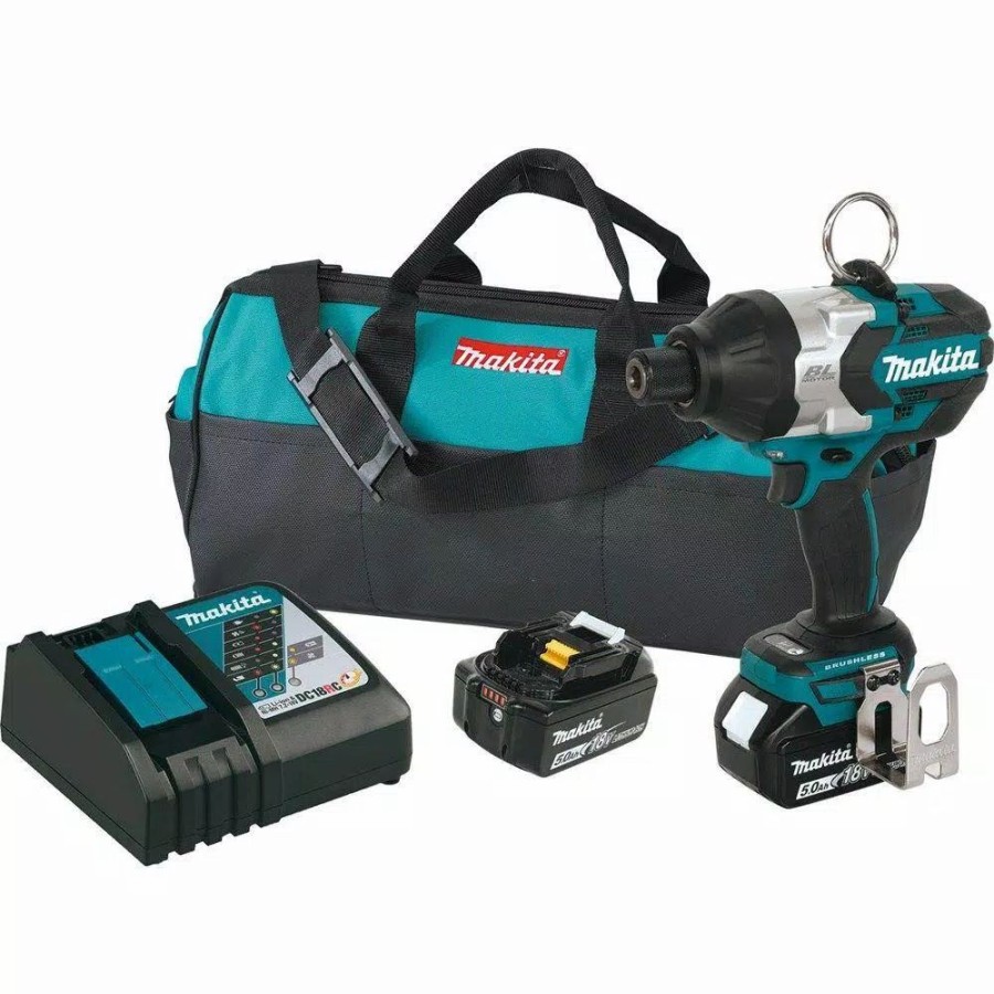 Impact Wrenches * | Impact Wrenches Makita 18-Volt Lxt Lithium-Ion Brushless Cordless High Torque 7/16 In. Hex Chuck Impact Wrench Kit W/ (2) Batteries 5.0Ah, Bag