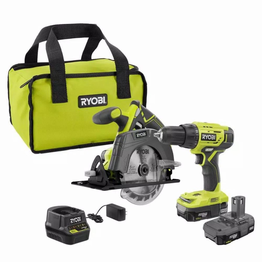 Power Tool Combo Kits * | Power Tool Combo Kits Ryobi 18-Volt One+ Lithium-Ion Cordless 2-Tool Combo Kit W/ Drill/Driver, Circular Saw, (2) 1.5 Ah Batteries, Charger, And Bag