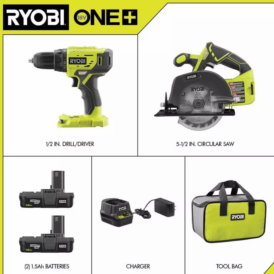 Power Tool Combo Kits * | Power Tool Combo Kits Ryobi 18-Volt One+ Lithium-Ion Cordless 2-Tool Combo Kit W/ Drill/Driver, Circular Saw, (2) 1.5 Ah Batteries, Charger, And Bag