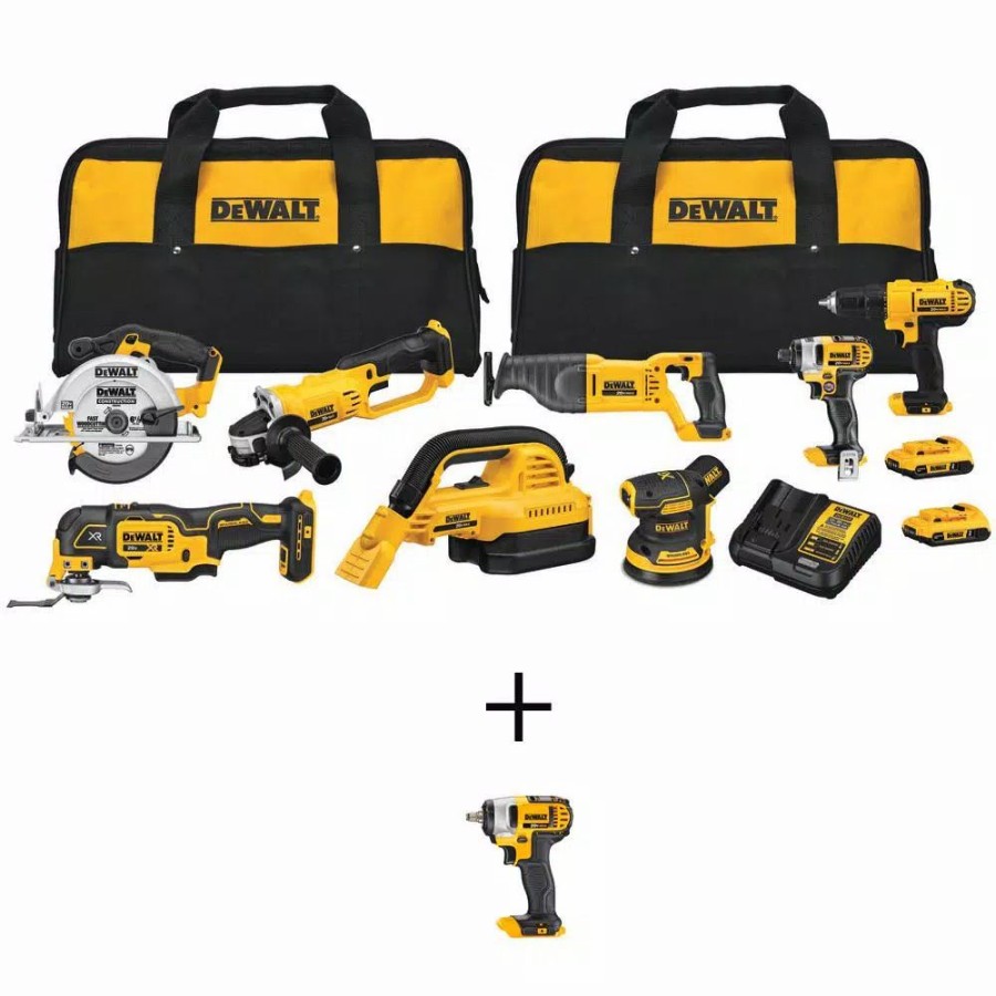 Power Tool Combo Kits * | Power Tool Combo Kits Dewalt 20-Volt Max Cordless Combo Kit (8-Tool) With (2) 20-Volt 2.0Ah Batteries & 3/8 In. Impact Wrench