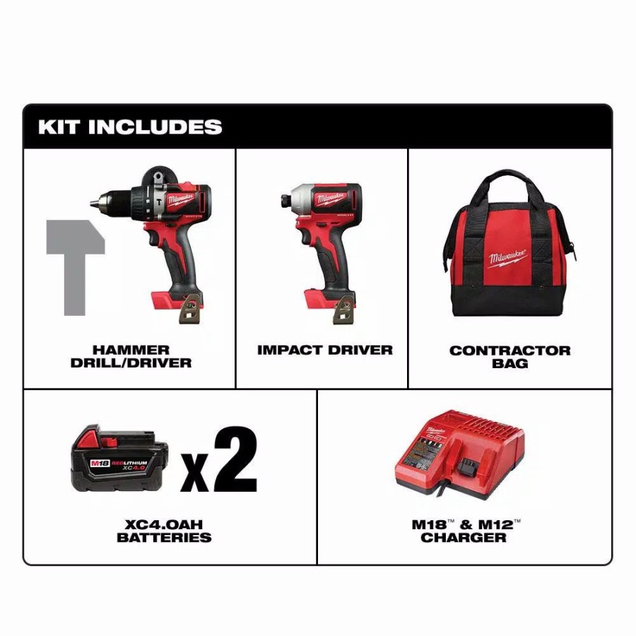 Power Tool Combo Kits * | Power Tool Combo Kits Milwaukee M18 18-Volt Lithium-Ion Brushless Cordless Compact Hammer Drill/Impact Combo Kit (2-Tool) With (2) 4.0Ah Batteries, Bag