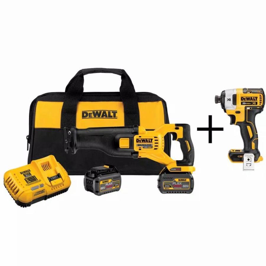 Power Tool Combo Kits * | Power Tool Combo Kits Dewalt Flexvolt 60-Volt Max Lithium-Ion Cordless Brushless Reciprocating Saw With (2) Batteries 2Ah And Bonus Impact Driver