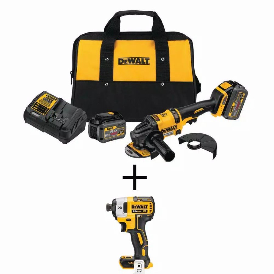 Power Tool Combo Kits * | Power Tool Combo Kits Dewalt Flexvolt 60-Volt Max Cordless Brushless 4-1/2 In. Angle Grinder, (2) Flexvolt 6.0Ah Batteries & 1/4 In. Impact Driver