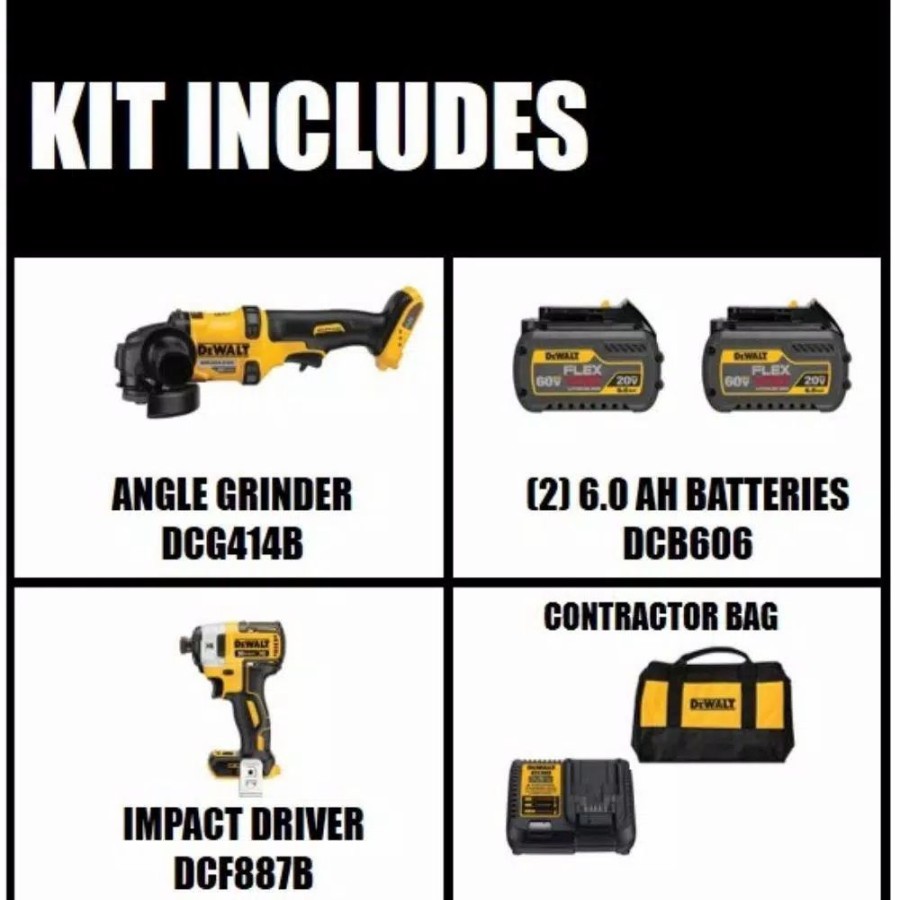 Power Tool Combo Kits * | Power Tool Combo Kits Dewalt Flexvolt 60-Volt Max Cordless Brushless 4-1/2 In. Angle Grinder, (2) Flexvolt 6.0Ah Batteries & 1/4 In. Impact Driver