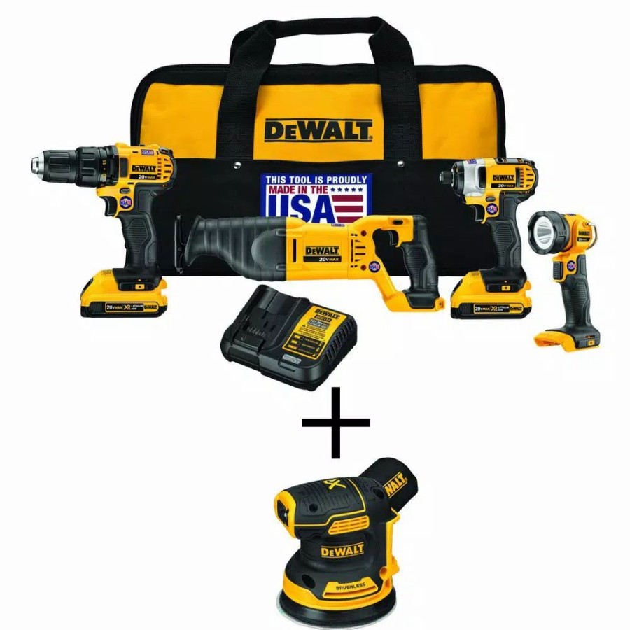 Power Tool Combo Kits * | Power Tool Combo Kits Dewalt 20-Volt Max Cordless Combo Kit (4-Tool) With (2) 20-Volt 2.0Ah Batteries & 5 In. Random Orbital Sander