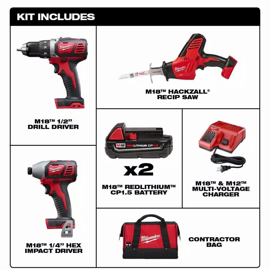 Power Tool Combo Kits * | Power Tool Combo Kits Milwaukee M18 18-Volt Lithium-Ion Cordless Drill Driver/Impact Driver And Hackzall Combo Kit (3-Tool) With Two 1.5 Ah Batteries